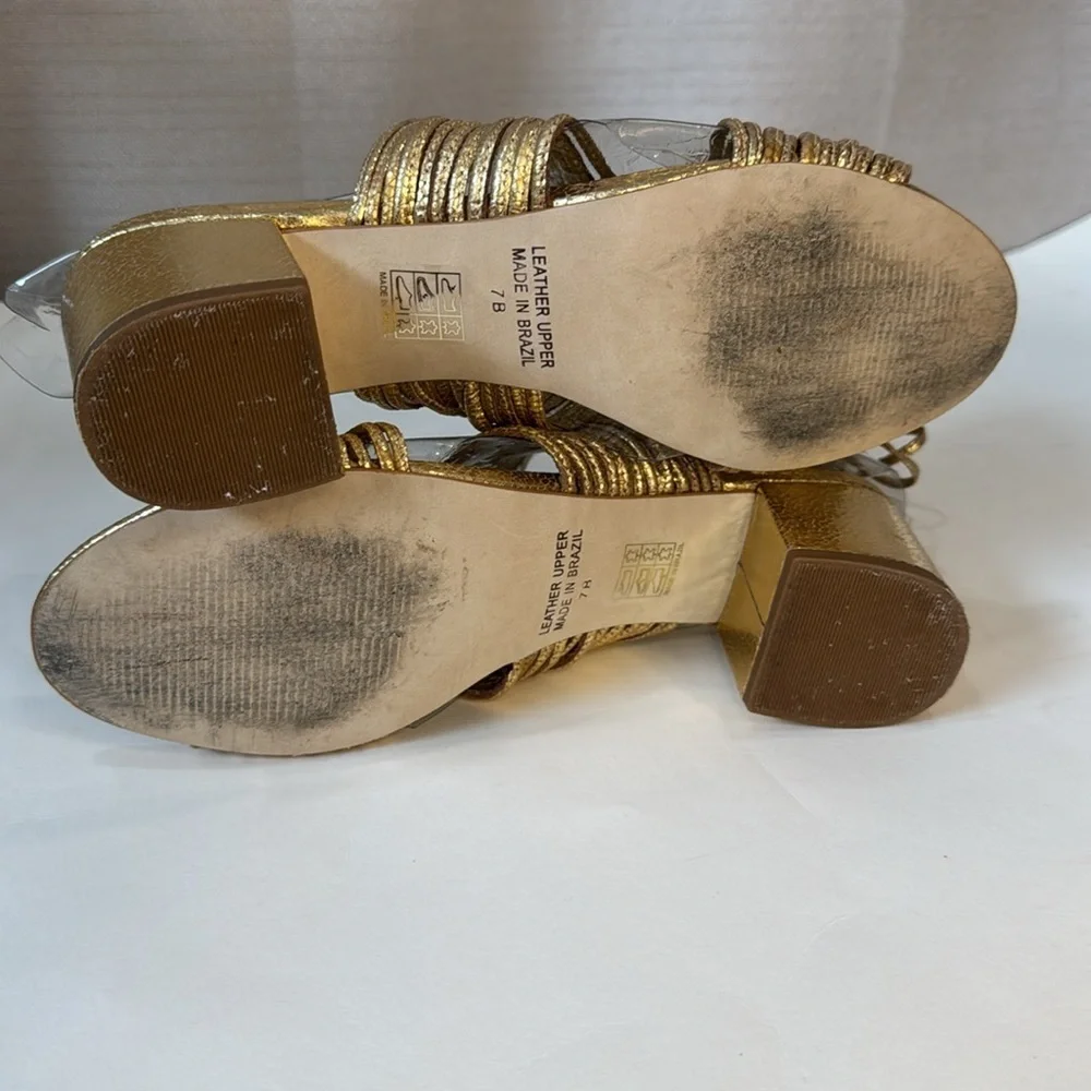 CECILIA NEW YORK Gold Metallic Strappy Block Heel Sandals - Picture 5 of 8
